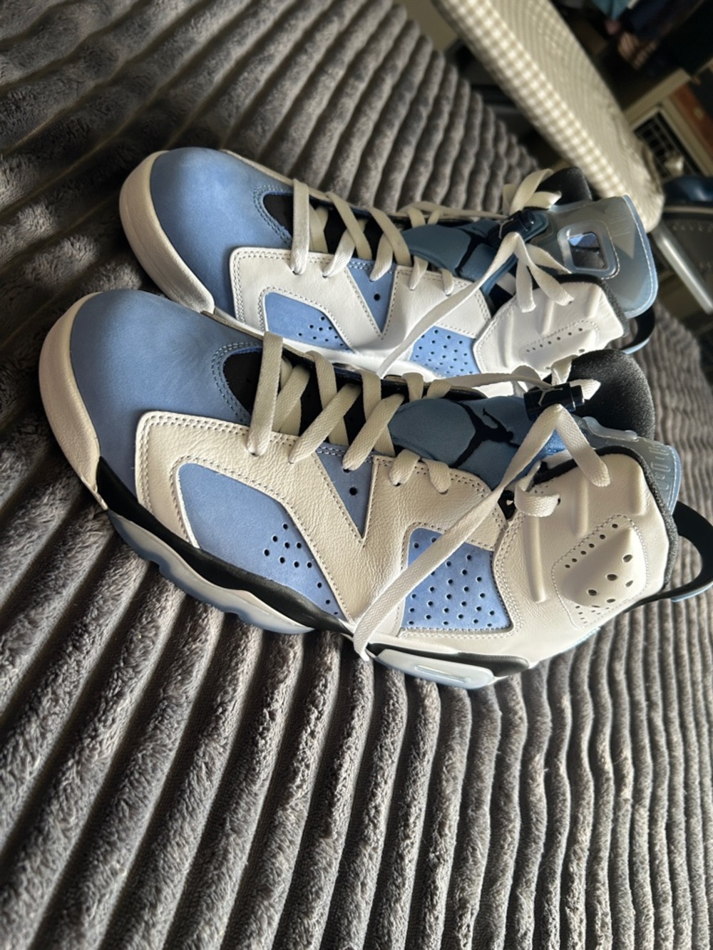Jordan Retro Basketball Sneakers in White, Light Blue and Black
